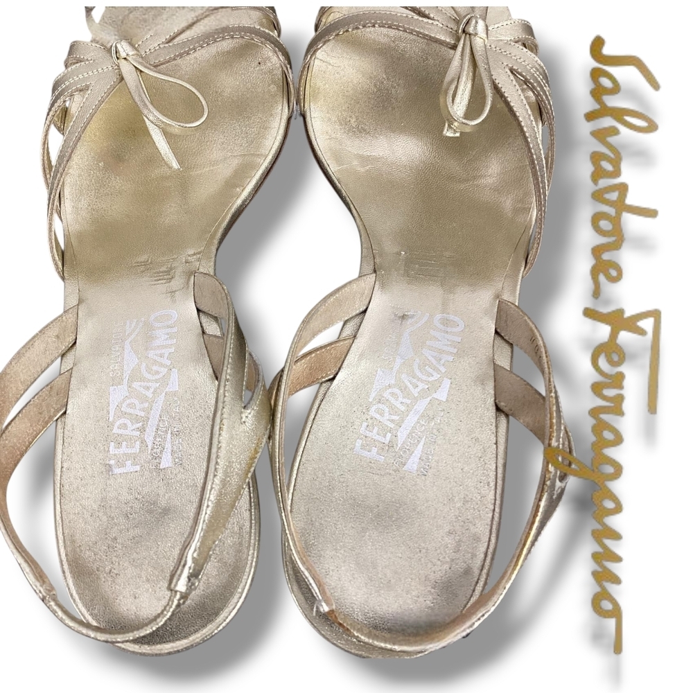 Salvatore FERRAGAMO Gold Kitten Heel Women's Leather Metallic Slingback Sandals - Picture 5 of 11